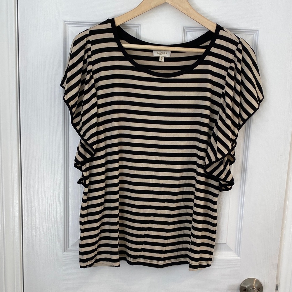 Laura Black and Tan Striped T-Shirt women’s size XL, Flutter sleeve - Picture 2 of 9